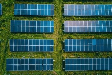 Rows of black solar panels are installed on the green grass, green energy, solar energy saving