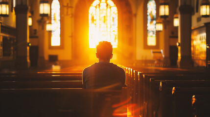 Silhouette of a man sitting in a church at sunset. - obrazy, fototapety, plakaty