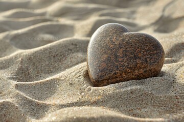 Obraz premium A heart-shaped pebble rests on a sandy beach with soft ripples in the sand.