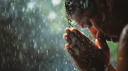 Young man praying in the rain with his hands clasped in prayer - obrazy, fototapety, plakaty