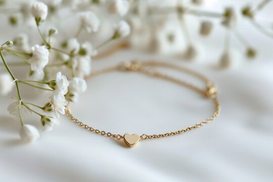 Gold bracelet with a heart charm amidst white flowers on a soft background.