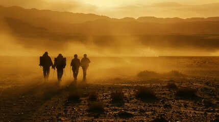 The silhouettes of four figures trekking through the dusty desert shadows stretching out long behind a symbol of strong bond and unwavering support for one - obrazy, fototapety, plakaty