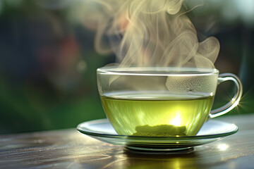 Steaming green tea - obrazy, fototapety, plakaty