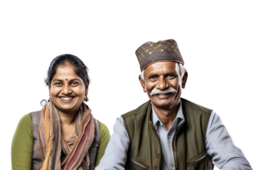 Indian farmer family selling produce Farmer's way of life Local economy and sustainability success and abundance Isolated on a transparent background.