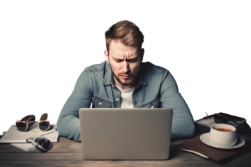 A young man feels stressed from work. Represents the emotions of stress and anxiety. Want to present content about stress stress management Mental state at work Isolated on transparent background.