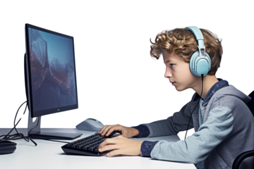 Teenage boy programming a computer Isolated on transparent background. The new generation is interested in technology. The role and potential of the new generation with modern technology