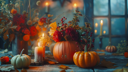 Autumn Table Decoration Interior Decor for Fall Holidays, Seasonal Home Decor with Pumpkins and Leaves, Festive Thanksgiving or Halloween Setting, Cozy Autumnal Atmosphere, Generative AI

