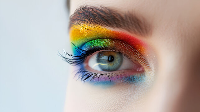 Close-up of a colorful rainbow woman's eye isolated on white background, captivating beauty revealed through vibrant hues, Generative Ai

