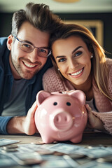 A couple saving for their future using a piggy bank