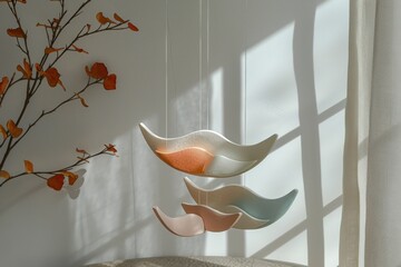 Pastel-colored mobile with abstract shapes hanging in a sunlit room with a plant.
