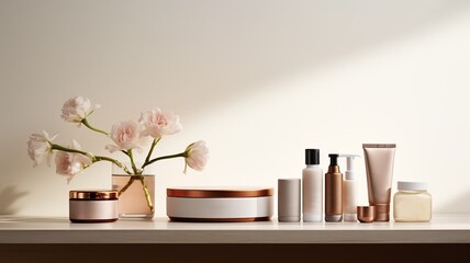 Minimalist cosmetic products on shelves decorated with elegant flowers and soft colors