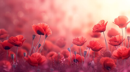 Banner with red poppy flower field symbolizing remembrance, honoring sacrifice, and commemorating history, Generative Ai.

