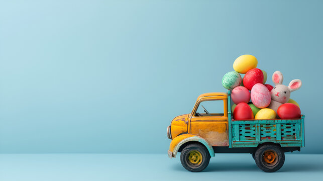 Vibrant Easter Celebration: Colorful Toy Truck Laden with Easter Eggs, Festive Holiday Joy and Cheerful Decorations, Generative AI

