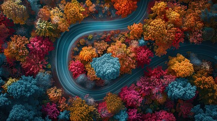 An aerial shot capturing the essence of fall with a ribbon-like road through layers of multicolored trees