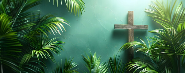 cross and palm leaves. Palm sunday and easter day concept. - obrazy, fototapety, plakaty