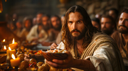 Jesus Christ with a wood cup in his hand at the Last Supper - obrazy, fototapety, plakaty