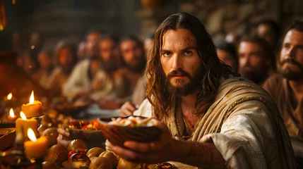 Poster Jesus Christ with a wood cup in his hand at the Last Supper © xavmir2020
