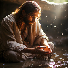 Jesus ready to wash the feet of a disciple - easter - obrazy, fototapety, plakaty