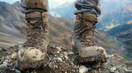 A closeup of a pair of worn and muddy hiking boots standing on the edge of a cliff with a vast...