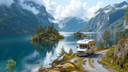 Travel Trailer on the Beautiful Norwegian Mountain Road - obrazy, fototapety, plakaty