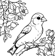 Fototapeta premium Hand drawing coloring for kids and adults. Beautiful drawings with patterns and small details. Coloring pictures with bird in blooming tree branch, flowers. Vector
