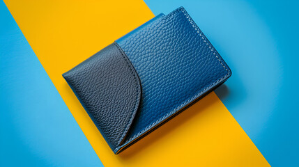 Blue leather wallet isolated on blue and yellow background, showcasing elegance and sophistication, perfect for fashion enthusiasts and accessory lovers, Generative Ai.

 - obrazy, fototapety, plakaty