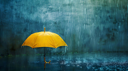 yellow umbrella on heavy rain - obrazy, fototapety, plakaty