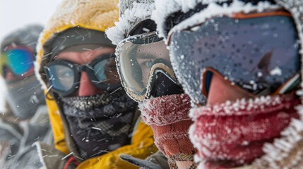 A team of climbers huddled together in a makeshift camp faces hidden behind thick goggles and balaclavas as they strategize and review gear before embarking on