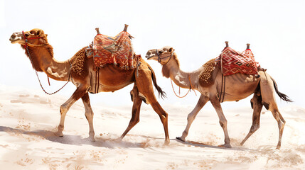 Camel caravan crossing the Sahara Desert with Arabian camels isolated in the vast sandy landscape, illuminated by the golden sun, Generative AI

