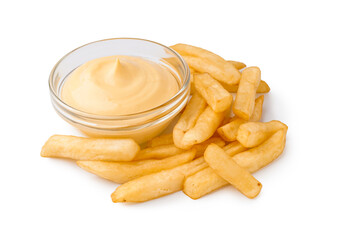 Tasty french fries with mayonnaise on white background