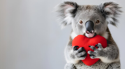 Cute koala holding a stuffed red heart shape isolated on white background, spreading love and affection, Generative Ai.

