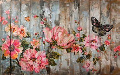 a panel of colourful paintings and a butterfly flower on a wooden plank background. for template graphic design artwork. presentation. advertisement. copy text space.