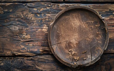 Old broken wooden plate lies on old vintage wood table background. Mockup template product. presentation. advertisement. copy text space.