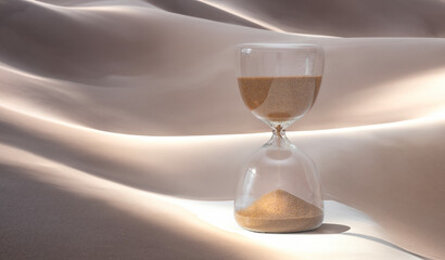 Hourglass with sand on a white silk background. The concept of time passing.