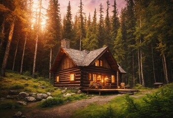 Small and cozy wooden house in the woods, light in the windows of the house
