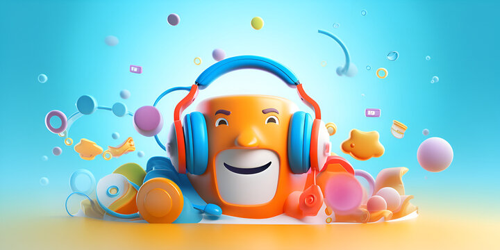 3d render of a dj face anime on the light background