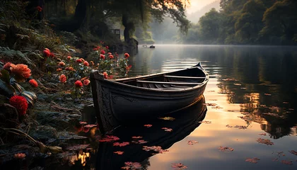 Keuken spatwand met foto Tranquil scene of rowboat on peaceful autumn pond  © Tahir