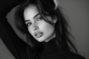 Fototapeta premium Monochrome portrait of long-haired beautiful Caucasian woman in black turtleneck, stylish model looking at camera studio shot