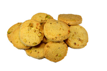 pistachios butter baked cookies with pistachio small pieces inside, traditional butter cookies with nuts, delicious pastries with crunchy snack usually with tea, freshly baked and ready to be served