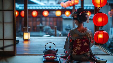 A geisha sits on the floor in a Japanese tea house with red lanterns outside. food and a teapot stand on the table in front of her. Generative AI