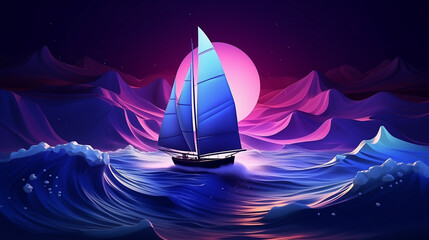 isometric sailboat in 3d space in the waves with wind,  - obrazy, fototapety, plakaty