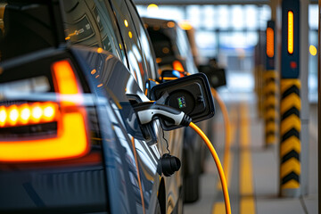 A row of electric vehicles at a public charging station