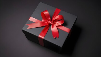 Overhead view of a black gift box tied with a red ribbon on a black background