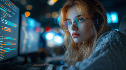 Young woman prorammer working at the computer