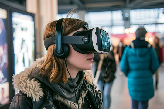 A person immersed in virtual reality in a public setting