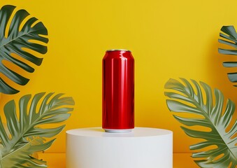 Red soda can bottle standing upright on white podium stage with leaf ornament