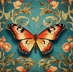 Butterfly and floral textile pattern vintage illustration
