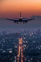 Rolgordijnen zonder boren An airplane ascending over a cityscape during twilight © Emanuel