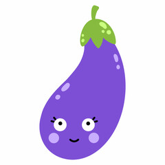cute funny eggplant with a face and emotions. Vector isolated illustration for children.