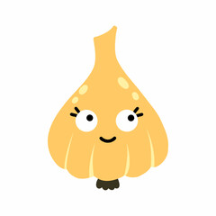 Cute funny garlic with face and emotions. Vector isolated illustration for children.